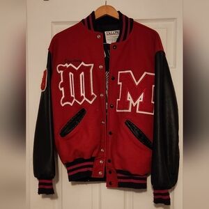 Lettermans Jacket, Medium, Red & Black, 24in. sleeve, 25in. Length, Eagles,